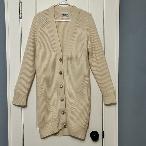 Ganni rib knit wool blend cardigan sweater in cream designer luxury neutral - Picture 2 of 13